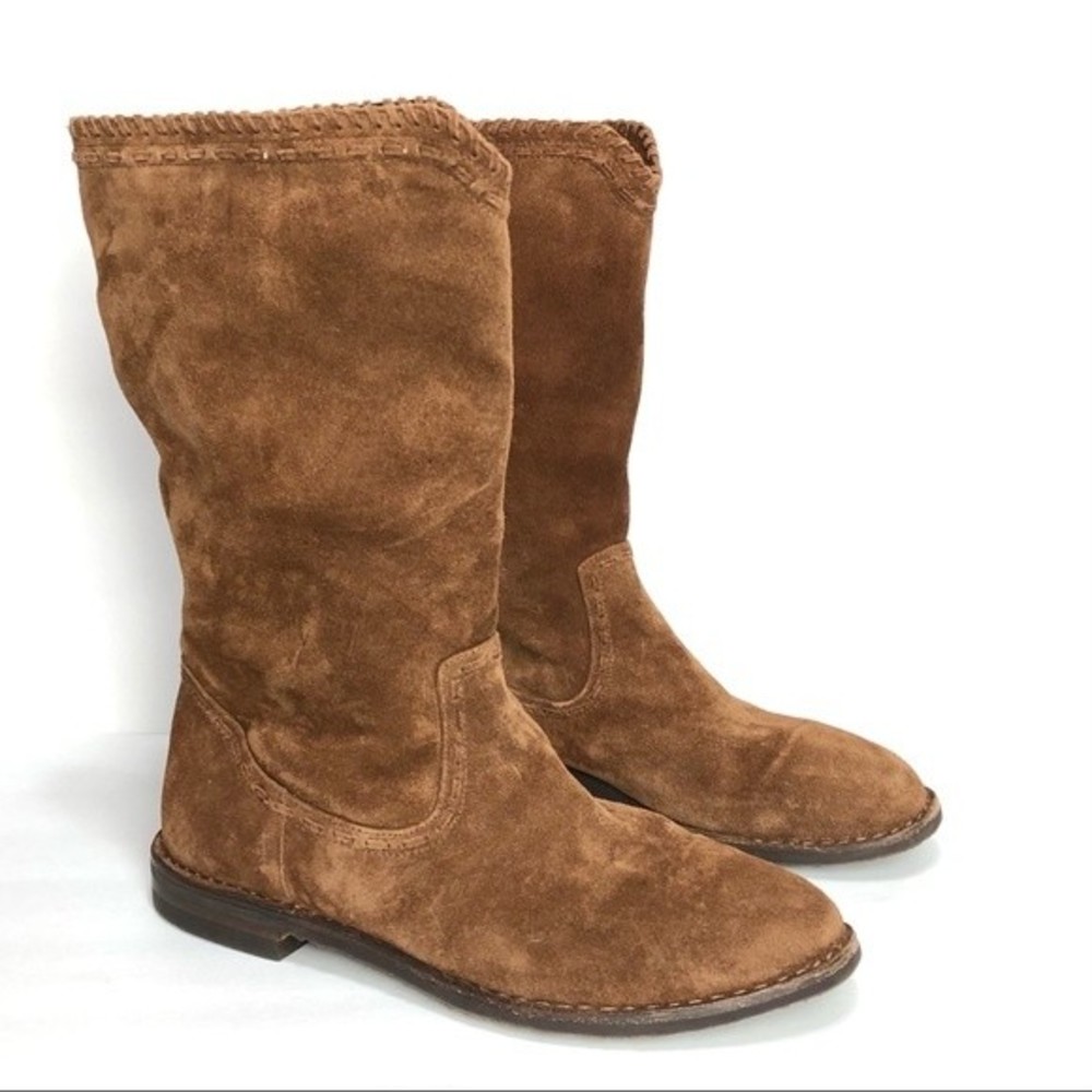 Trask Audra Boots Womens 10 M Pull On Zip Almond Toe Mid Calf Suede Casual